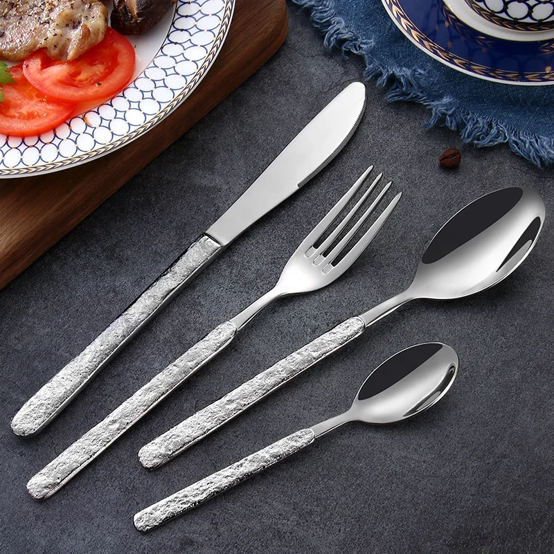 Wholesale Unique Design stainless Steel Knife Fork Spoon Cutlery Set Stone Pattern with Handle