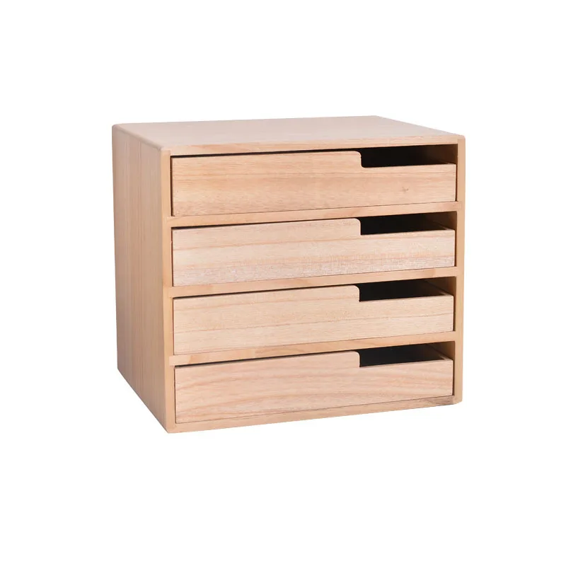 Bamboo Wooden Table Office File Storage Box Desktop Organizer with Drawer Trays
