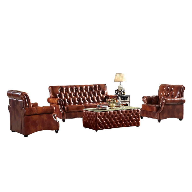 Retro American Style Top Genuine Leather Brown Chesterfield Sofa set Living Room Sofas