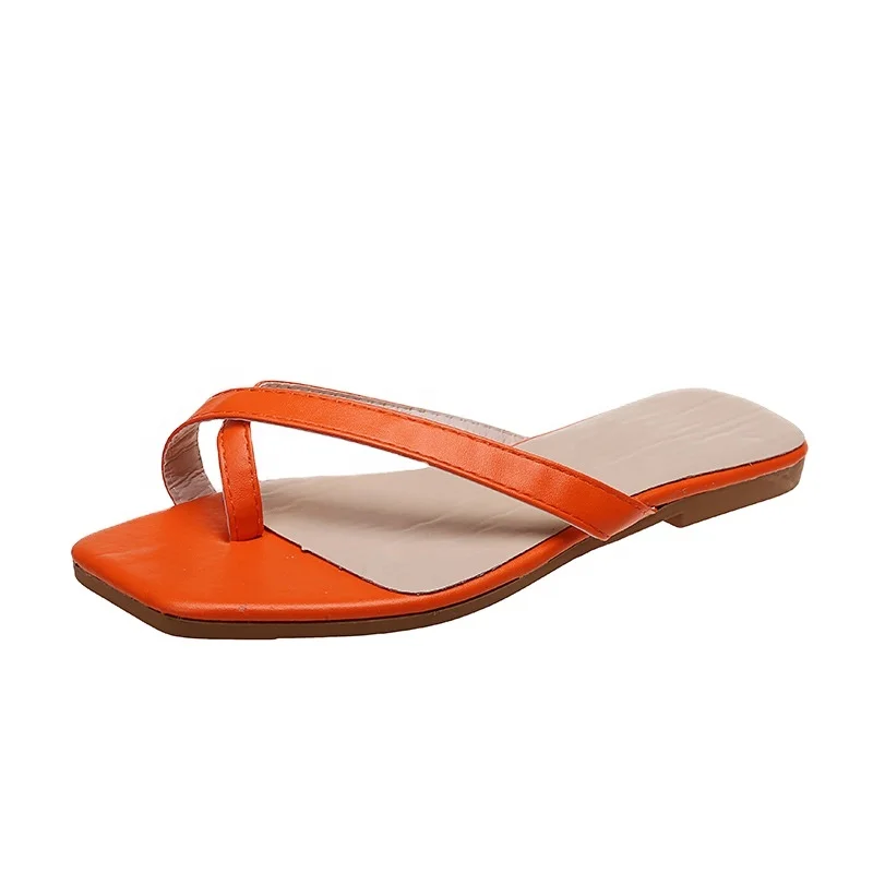 Ladies Shoes Flat Casual Fashion Slipper Pu Leather Women Beach Orange Sandals Outdoor Casual Two Thong Slipper