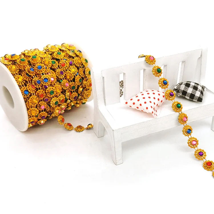 wholesale multicolor flower shape crystal rhinestone fashion gold cup chain roll for women garment decor