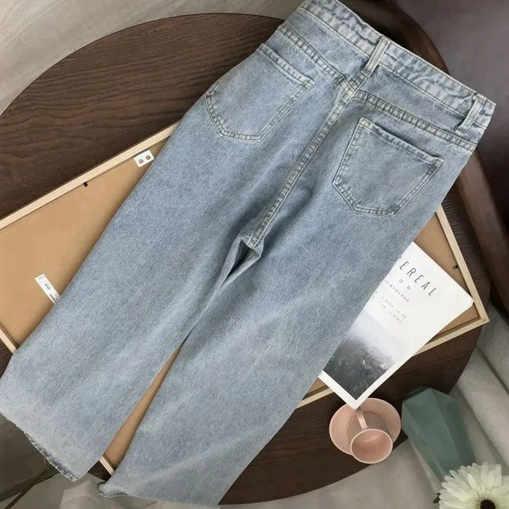 Wholesale Jeans Blue Ladies stretch jeans women high waist straight cut wide leg jeans