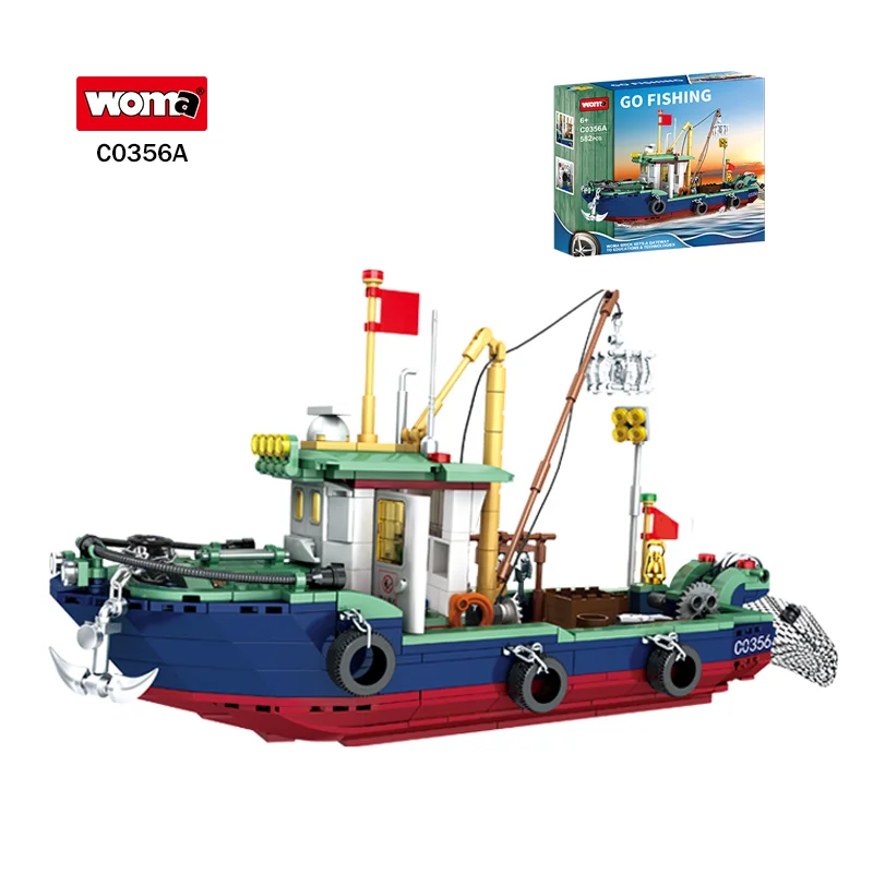 Woma Toys C0356A Assemble Ready Shipping 582pcs Fishing Boat Model Build Block Brick Toy Set For Child