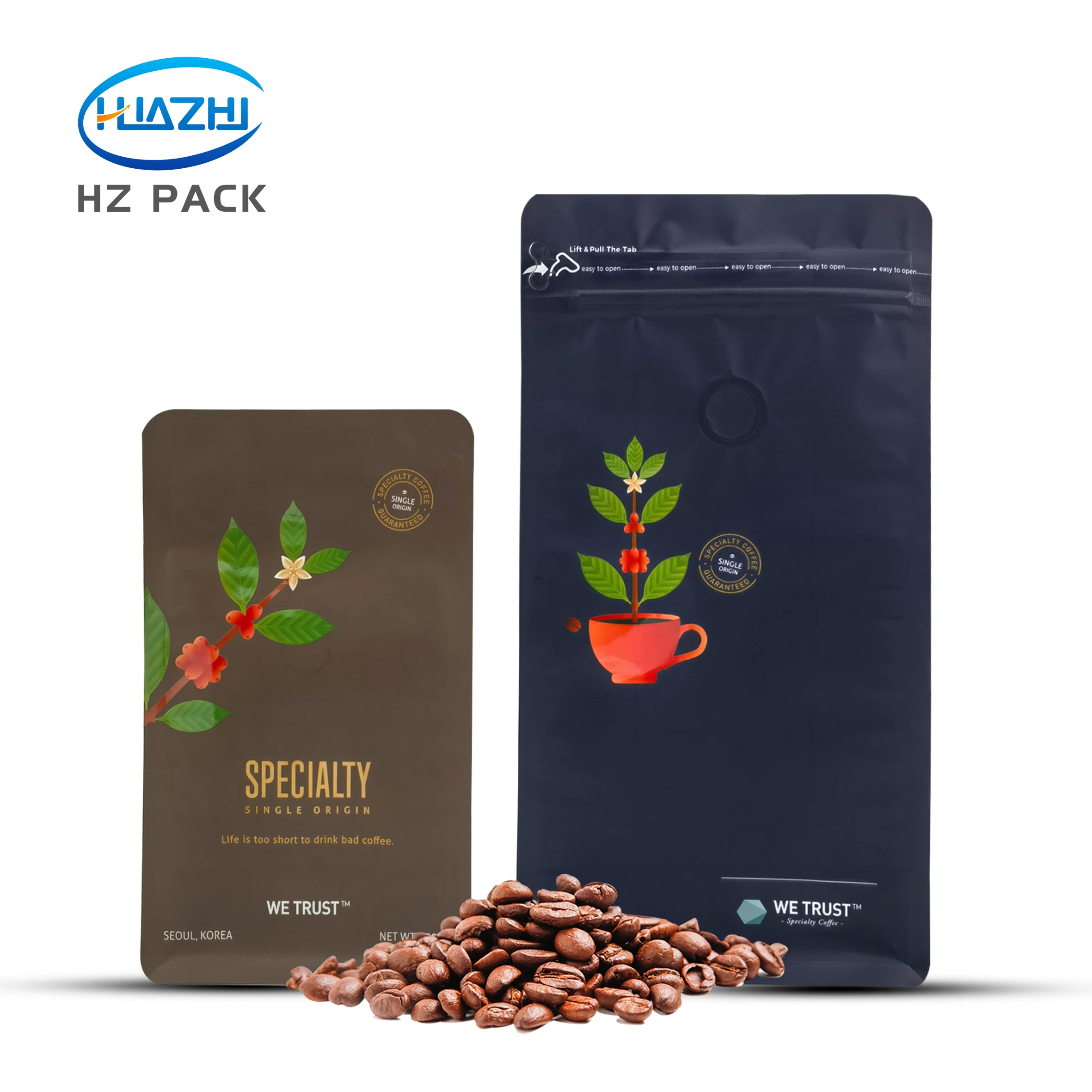 HZ PACK CHINA UV Printing Method Flat Bottom Pouch With Valve Single Zipper For Coffee Beans