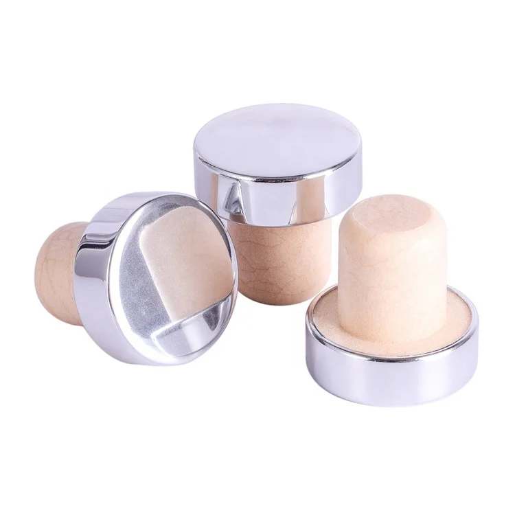 Wholesale Low MOQ customized T shape custom color aluminum wine spirits liquor bottle wood top synthetic cork bottle stopper