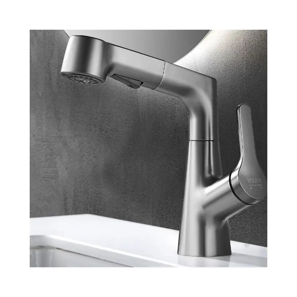 DQOK Lifting Bathroom Sink Faucet with Pull Out Sprayer Basin Mixer Tap Pull Down Stainless Steel Sink Faucet Rotating Spout