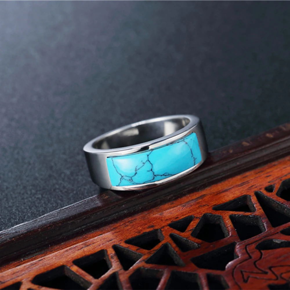 Vintage Turquoise Stone Rings Stainless Steel Natural Gemstone Ring For Men