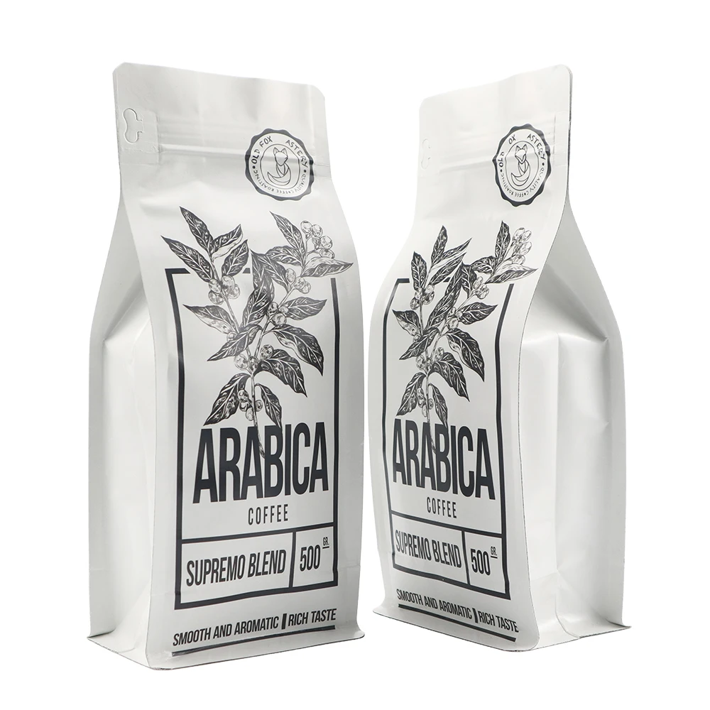 Custom Logo White Kraft Paper 12 oz Coffee Packaging Bags with Valve 200g