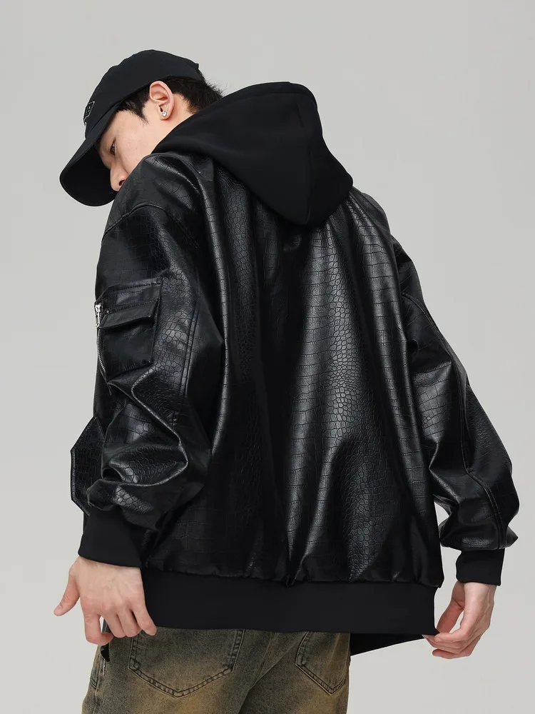 OEM Custom Design spring autumn fake two piece hooded leather jacket for men