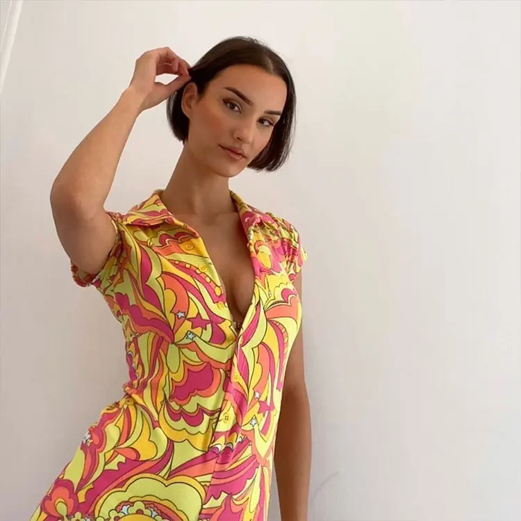 women summer casual orange pencil dress 2021 latex new fashion deep v neck printed polo collar mini dresses