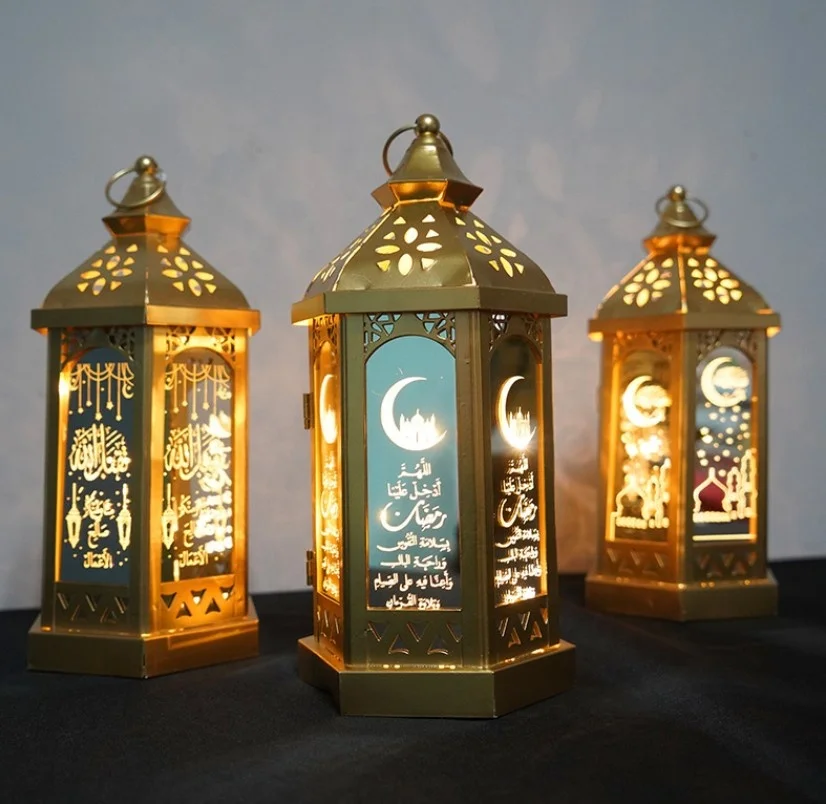 Ramadan Festival Decoration Eid Mubarak Metal Lantern LED Lights for Muslim Vintage Style Lanterns Decor