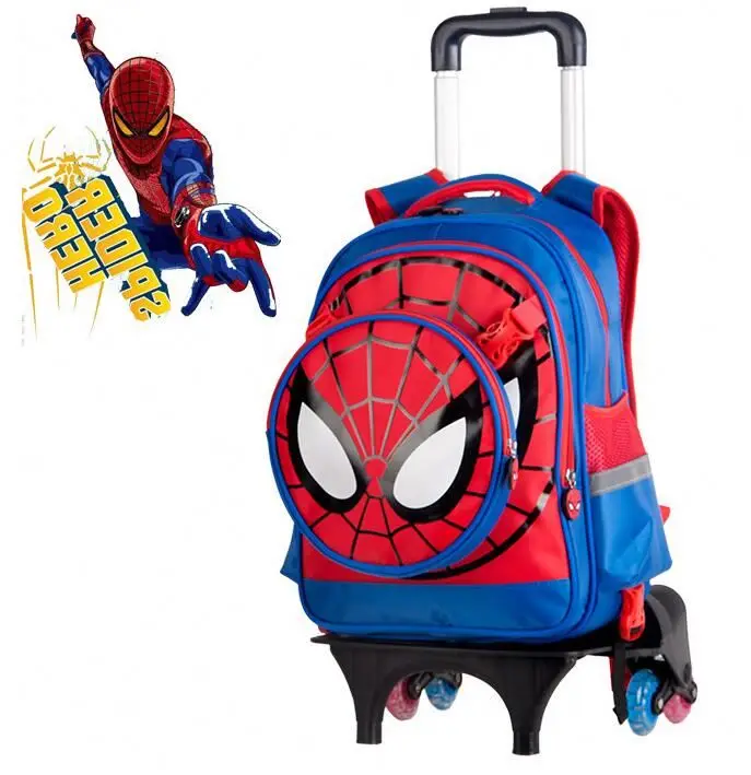 Cartoon Detachable Children Trolley School Bag With Three Wheel Spiderman Trolley Backpack