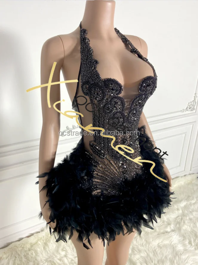 Ocstrade White Ostrich Feather Diamond Dress Elegant Women Birthday Party Dresses Women Sexy Silver Rhinestones Club Dress
