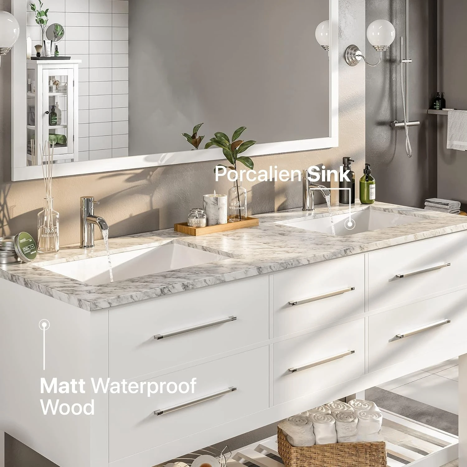 Porcelain Round 60 inch Bathroom Vanity Double Sink Vanity Bathroom Sink with Legs Marble Top Double Vanity Sink Cabinet