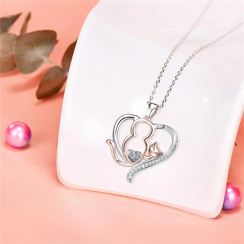 Dainty Animal Sterling Silver 925 Cubic Zirconia Heart Cat Necklace for