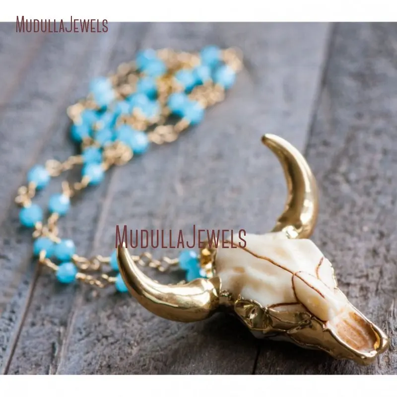 NM10813 Golden Cow Skull Necklace Cattle Bull Skull Charm Necklace Cowgirl Jewelry Beads Rosary Chain OX head Longhorn Necklace