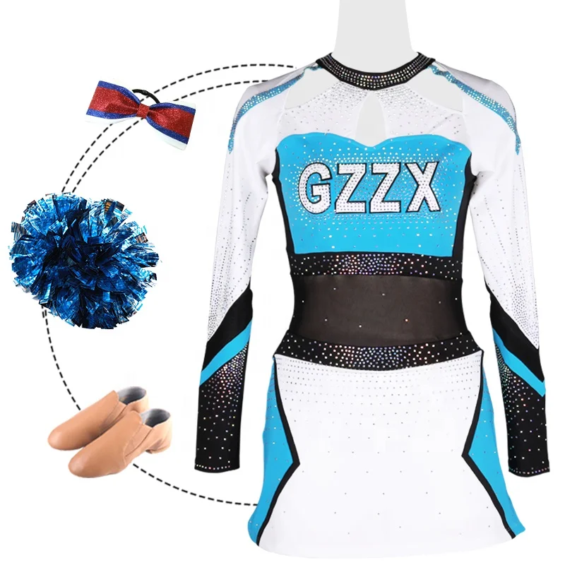 Professional Customized Rhinestone Cheerleading Uniforms By AB Crystal White And Blue Long Sleeve Two piece set