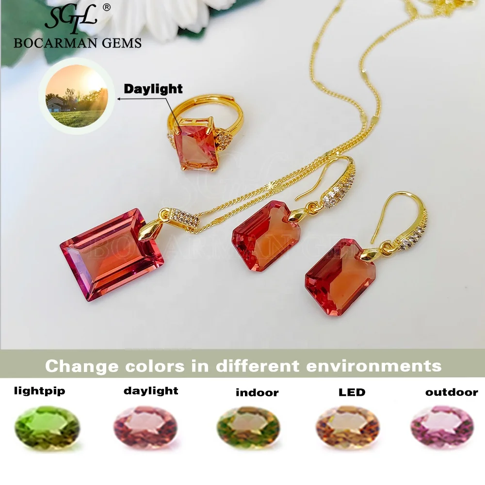 Bocarman new Turkish color changing sultanite earrings Ring Pendant three-piece set of jewelry bride, party accessories
