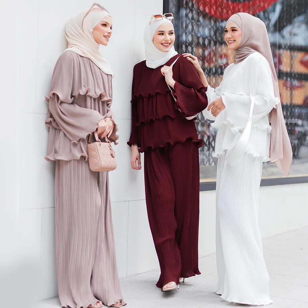 Hot Sale Fashion Elegant Modest Simple Plain Color Islamic Clothing Two-piece Muslim Women Pleated Abaya Blouse And Pant Sets