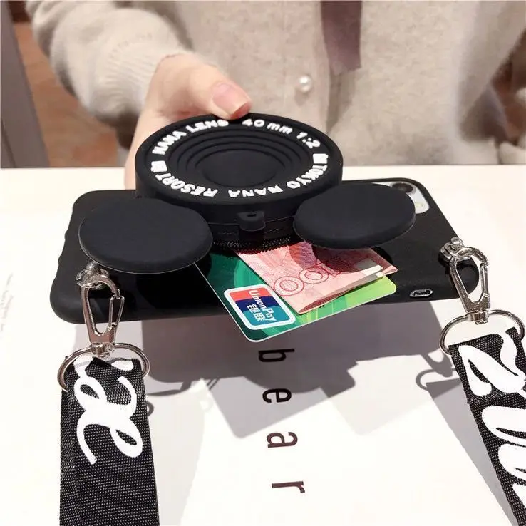 3D Cute Phone Case Camera Wallet Coin Bag Soft TPU Case Crossbody Lanyard Cover Mobile for iPhone 13 Pro Max