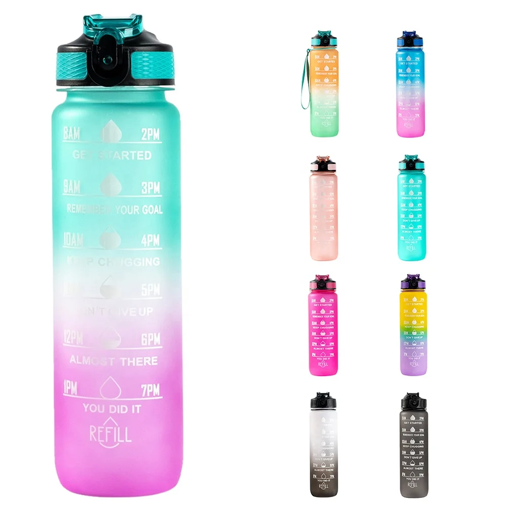Frosted Tritan Plastic Bottle 1 Liter 32 Oz Motivational Water Bottle With Time Marker Reminder