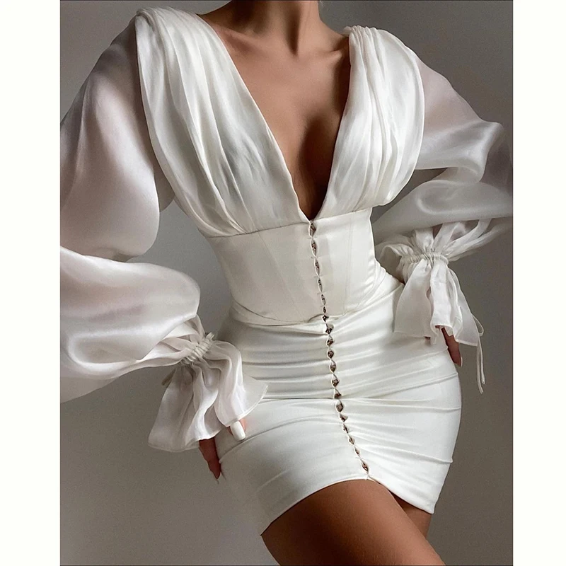 2021 Summer Deep V Neck Lantern Sleeve Boned Corset Xs Clothing Elegent Fancy Satin Spring Casual Dresses Women Trendy