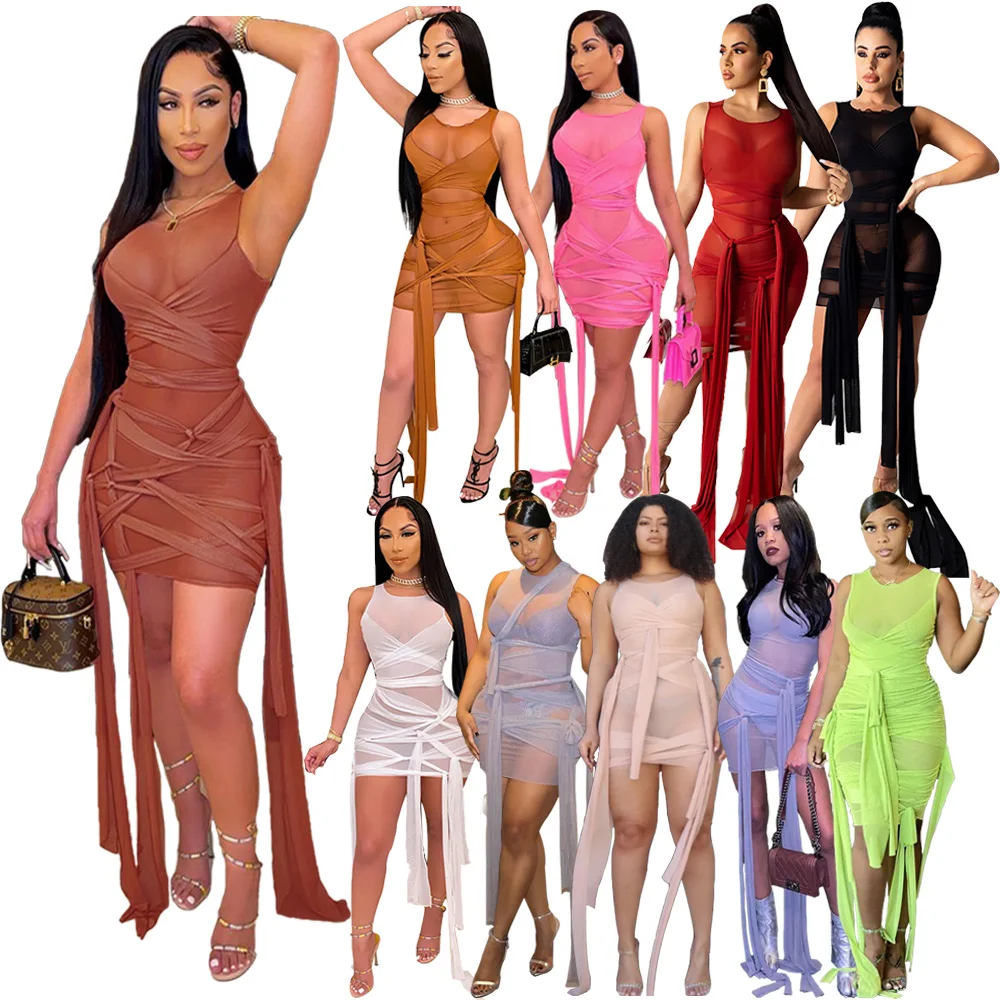Высококачественное прозрачное Сетчатое платье M8901, сексуальная Женская Клубная одежда, летние бандажные платья с перекрестными лямками, 2021