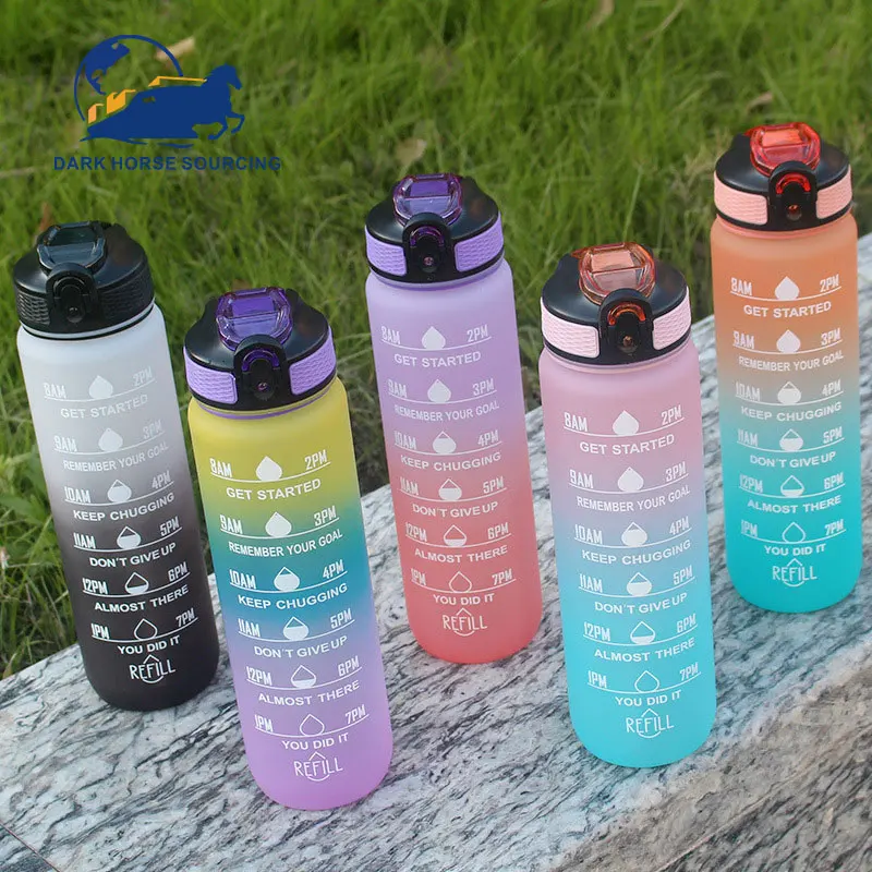 1 Liter BPA Free gradient color Plastic motivational bottle water gym water bottles for sports with straw