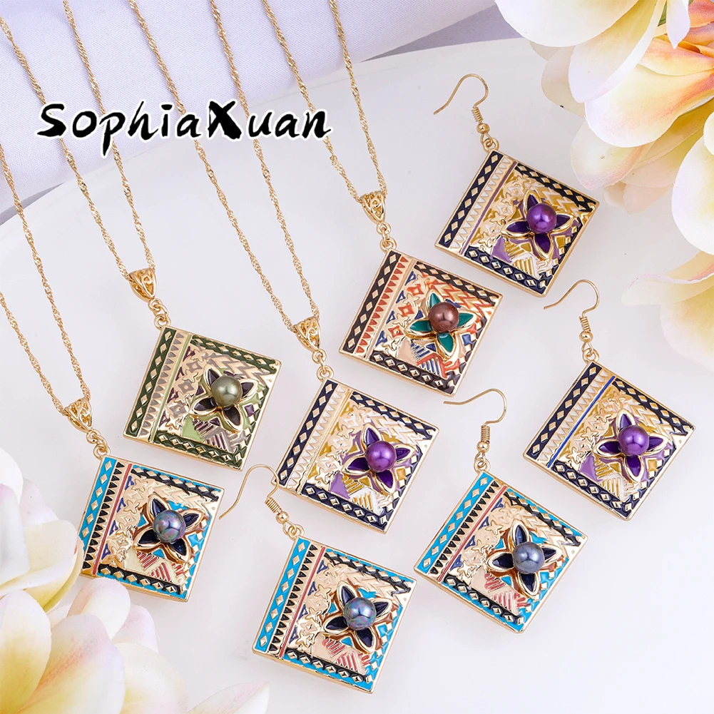 SophiaXuan square manual colorful enamel large dangle black pearl dropship polynesian jewelry set wholesale hawaiian earring