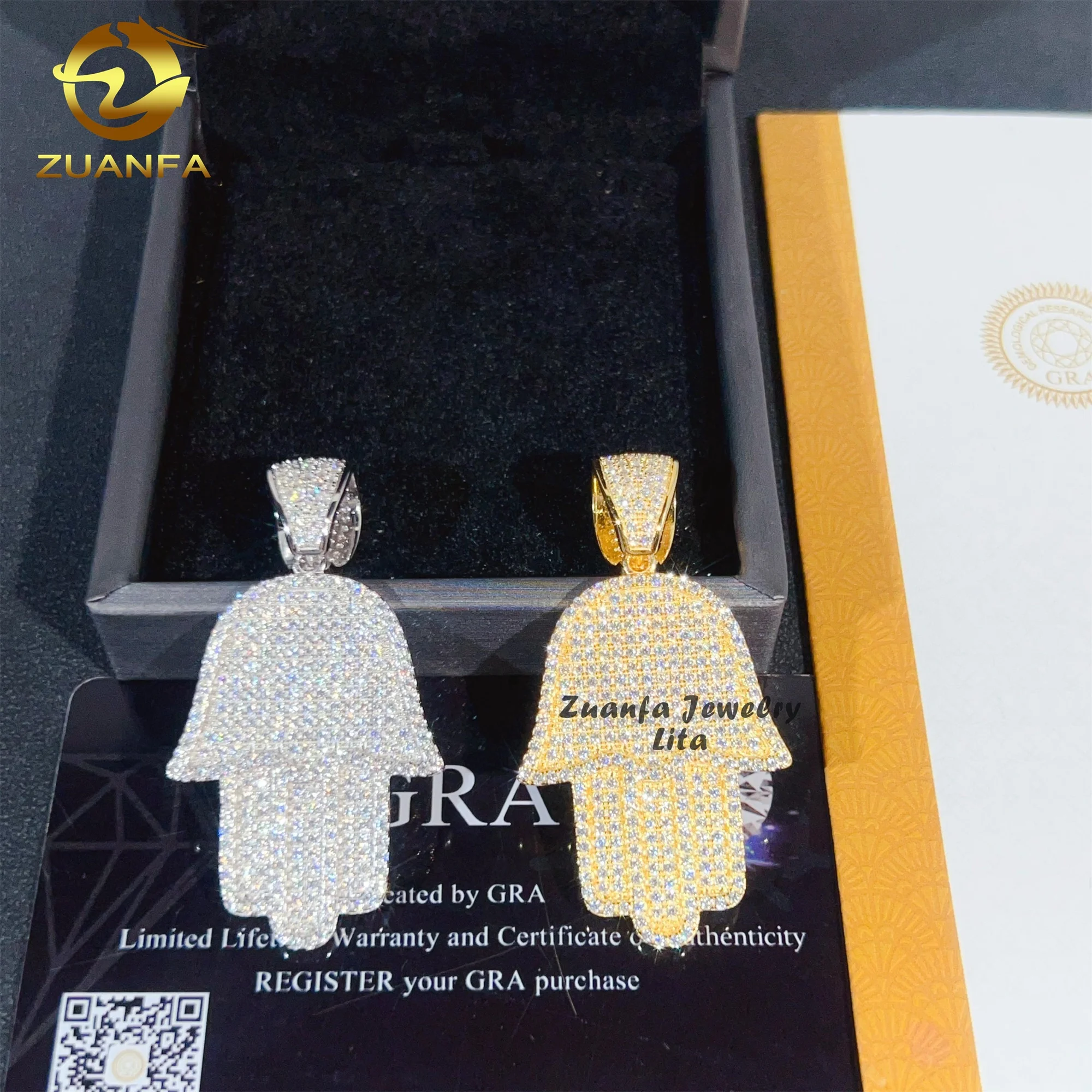 Wholesale Price Hip Hop Jewelry Charm Pendants 925 Silver Hamsa Hand Iced Out Moissanite Pendant for Men