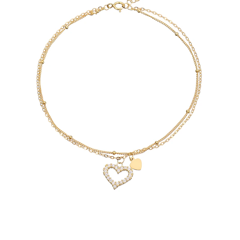 925 Sterling Silver Jewelry Gold Rhodium Plated Zircon Double Layer Heart Anklet Bracelet  Foot Chain For Women