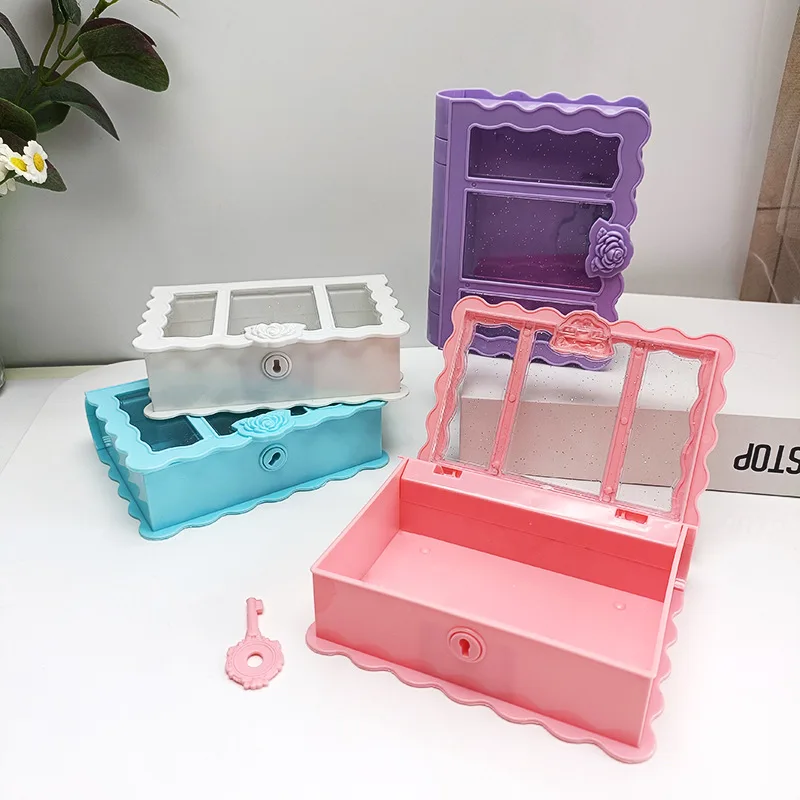 Hot sale small flower magic book with lock key DIY kids plastic cosmetic jewelry storage box desktop boxes for earrings rings