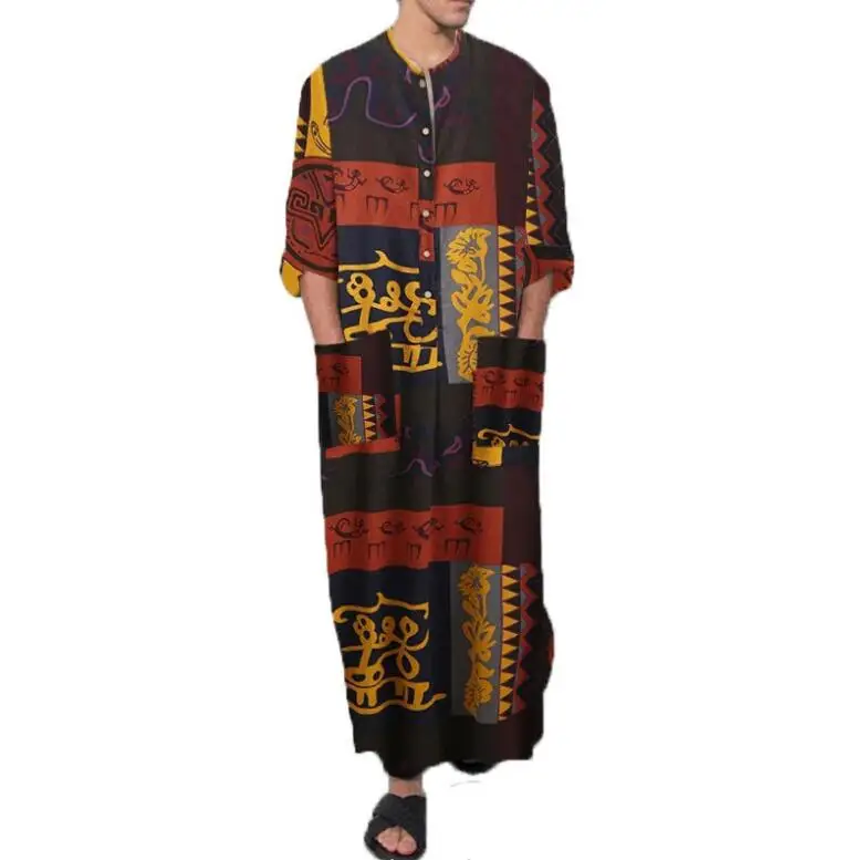 Casual Islamic Arabic Abaya Robe Fashion Ethnic Print Stand Collar Youth Mid-length Shirt Coat Muslim Men Clothing