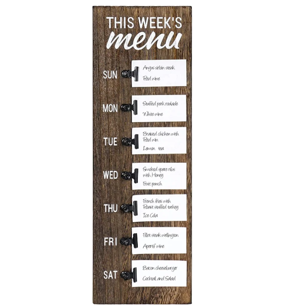 Rustic Menu Planner Wood Sign with Clips and Mini Sticky Note Vintage Farmhouse Kitchen Refrigerator Chalkboard Magnet Display