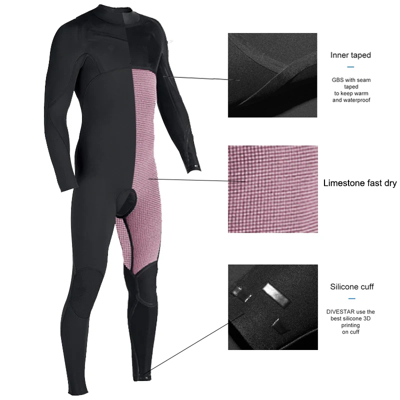 DIVESTAR  Long sleeve Surfing wetsuits Men 3/2mm Neoprene Diving Wet suit Warmth Front Chest Zip OEM Customized Surfing Wetsuits
