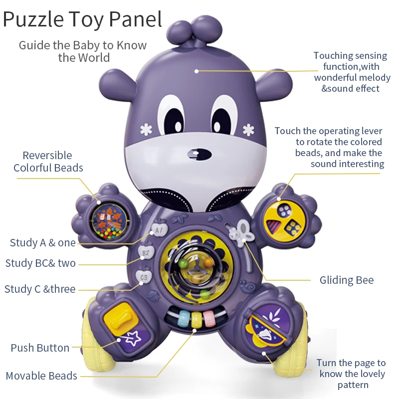 FiveStar New Arrival 4 Wheels Cute Toy Education Learning Cartoon Musical Toys Push Walker Sit-to-stand Learning Walker Kids