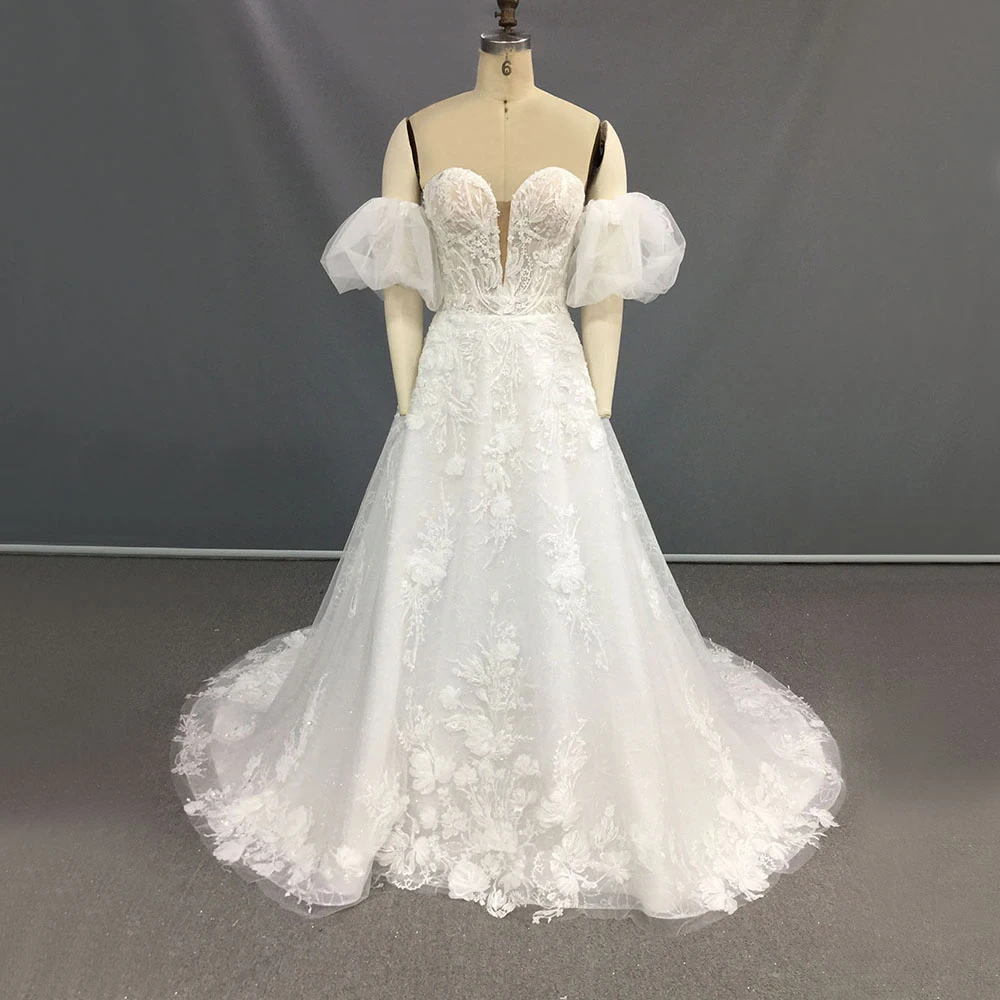 TEENYEE Romantic Plus Size Short Sleeves Princess Formal Wedding Dress Ball Gown White Wedding Dress For Wedding Party