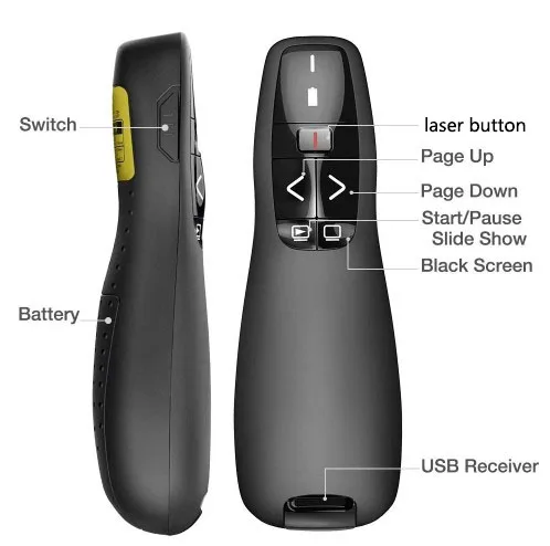 R400 Wireless Presenter with Laser Pointer Red, USB Laser Pointer Presentation Clicker for Powerpoint (Black)