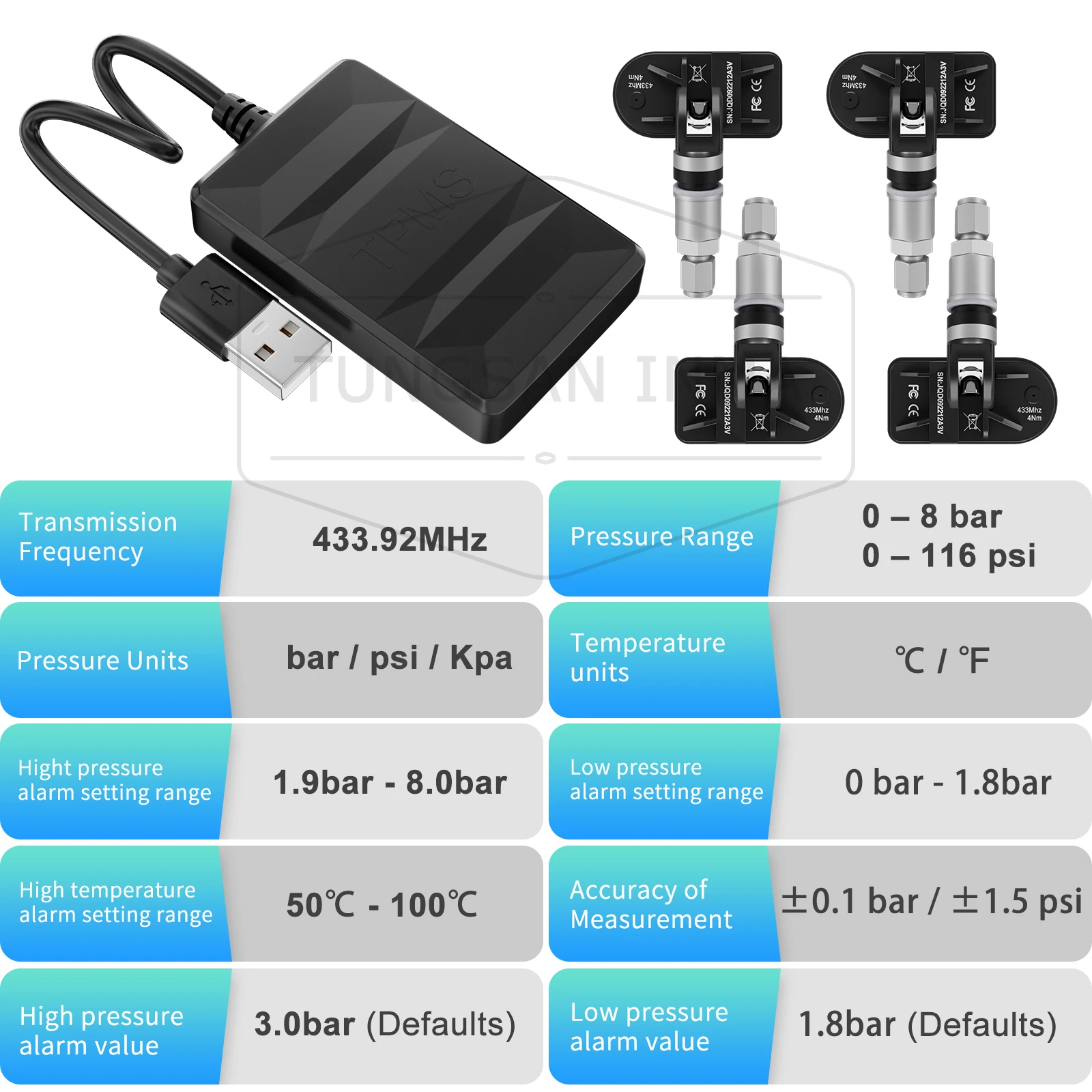 Car TPMS internal sensor tire pressure monitor system USB TPMS Android head unit 8 bar 116 psi android TPMS tire pressure gauge