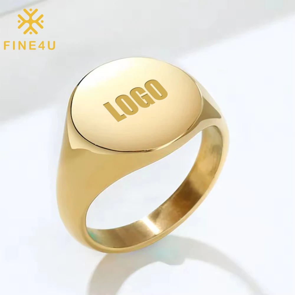 Minimalist Jewelry Plain Design Chunky Engraved Name Logo Custom Gold Plated Stainless Steel Signet Ring