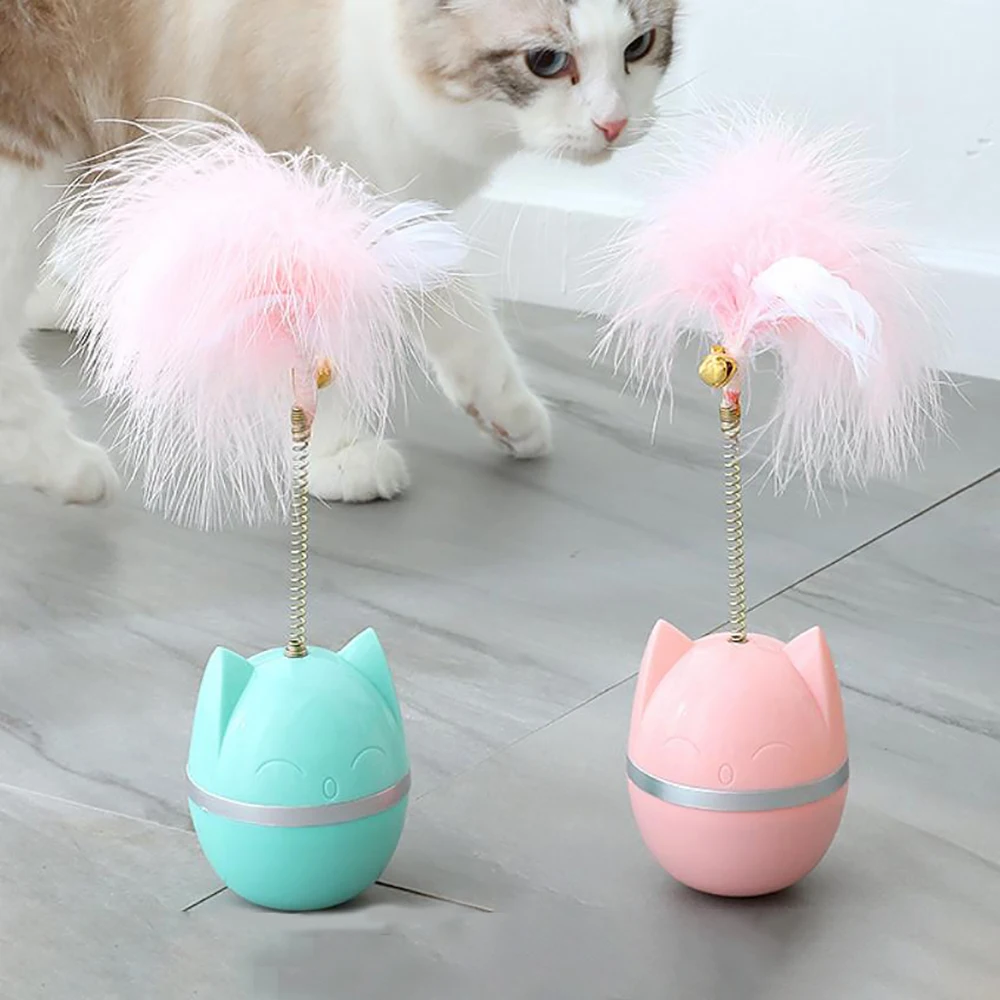 Amazon hot selling PP durable eco friendly cat head shaped tumbler and feather funny cat toy pet interactive scratching toy