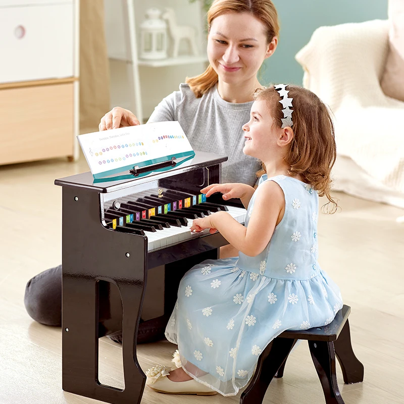 Hape Kids Creative Musical Instrument Baby Gift Keyboard Children Wood Piano Toys Dynamic Sound Upright Piano with chair