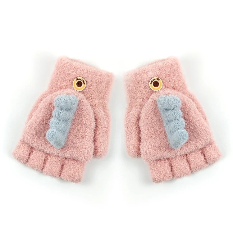 Convertible Flap Cover Kids Knitted Warm Faux Mink Fur Fingerless Gloves with Adorable Pattern Mitten Cover Pink