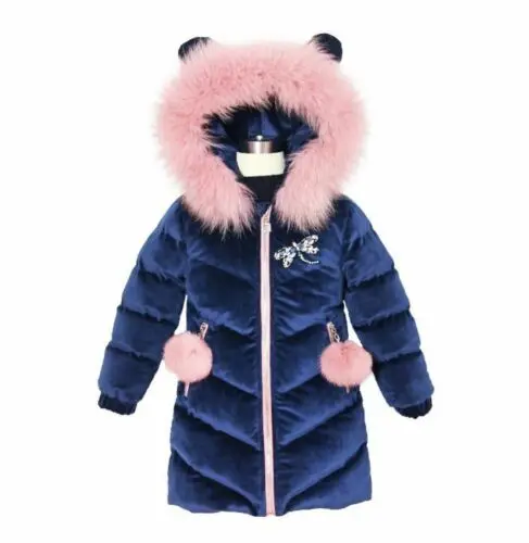 
Kids Girls Thick Velvet Quilt Jacket Fur Collar Long Parka Coat Overwear Winter 