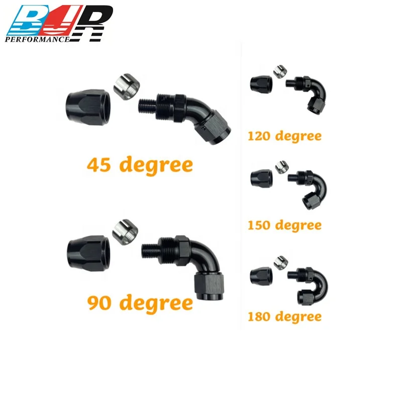 BJR AN10 AN12 Black Aluminum Fuel Fittings One Piece 180 Degree Lightweight Racing PTFE Hose Ends