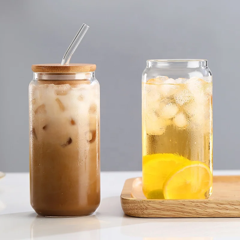 Environmental Friendly Heat Resistant Transparent Glass Beer Can Cup With Bamboo Lid And Straw