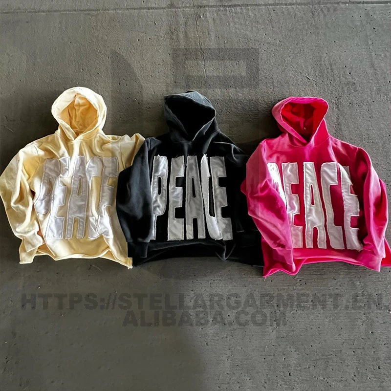 Cropped Raw Hem Hoodie Custom French Terry Patch Embroidered Distressed Applique Acid Wash Embossed Hoodie Men