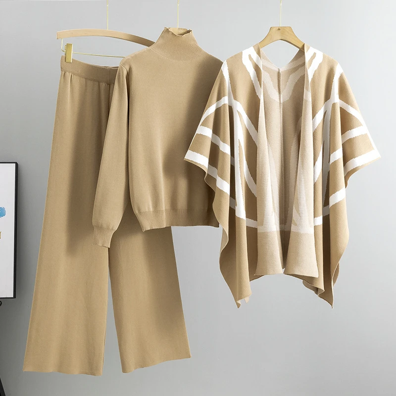 New casual suit for women  stand-up collar long-sleeved sweater + shawl cardigan + wide-leg pants knitted three-piece suit
