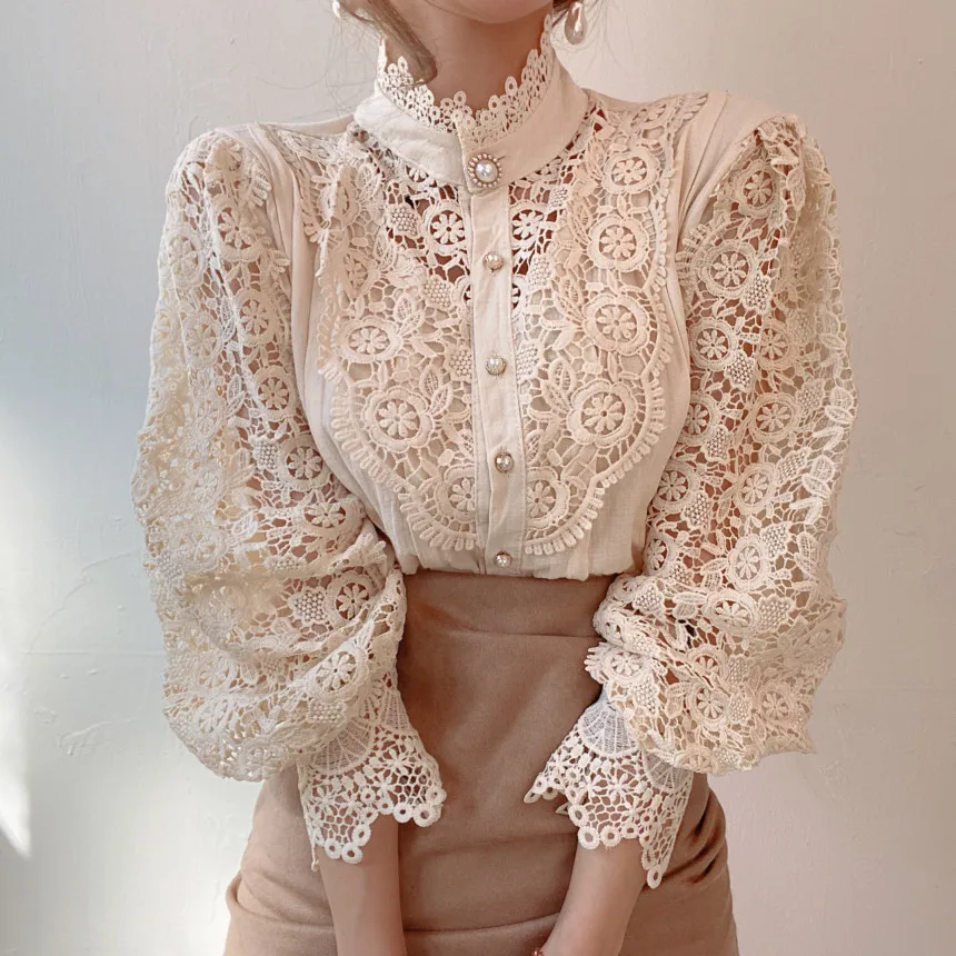 
Wholesale Women Elegant Fashion Stand Collar Lantern Sleeve Pearls Button Hollow Out Lace Blouse 