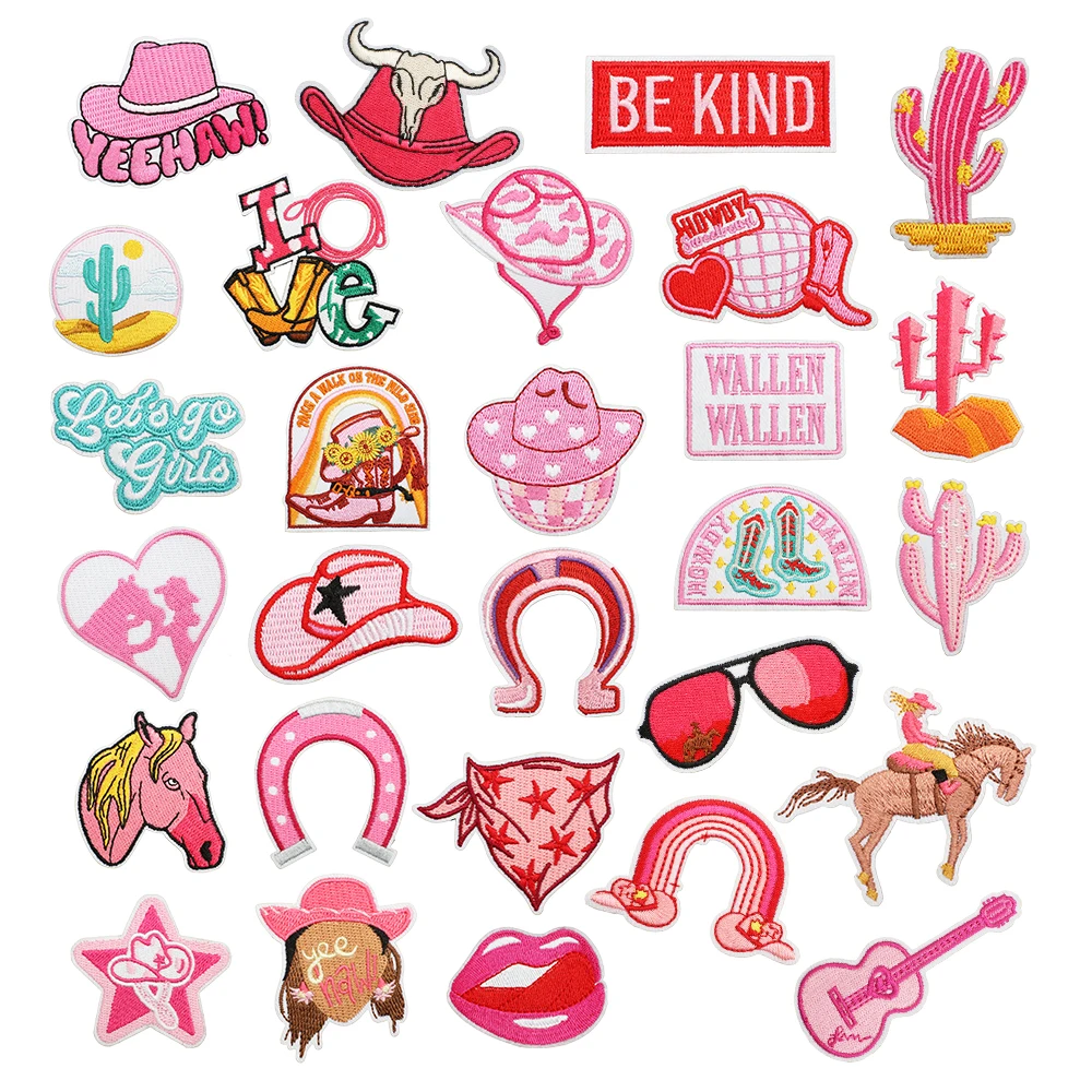 wholesale bundles ready to ship cowboy cowgirl theme iron on embroidery pink western patches for hat